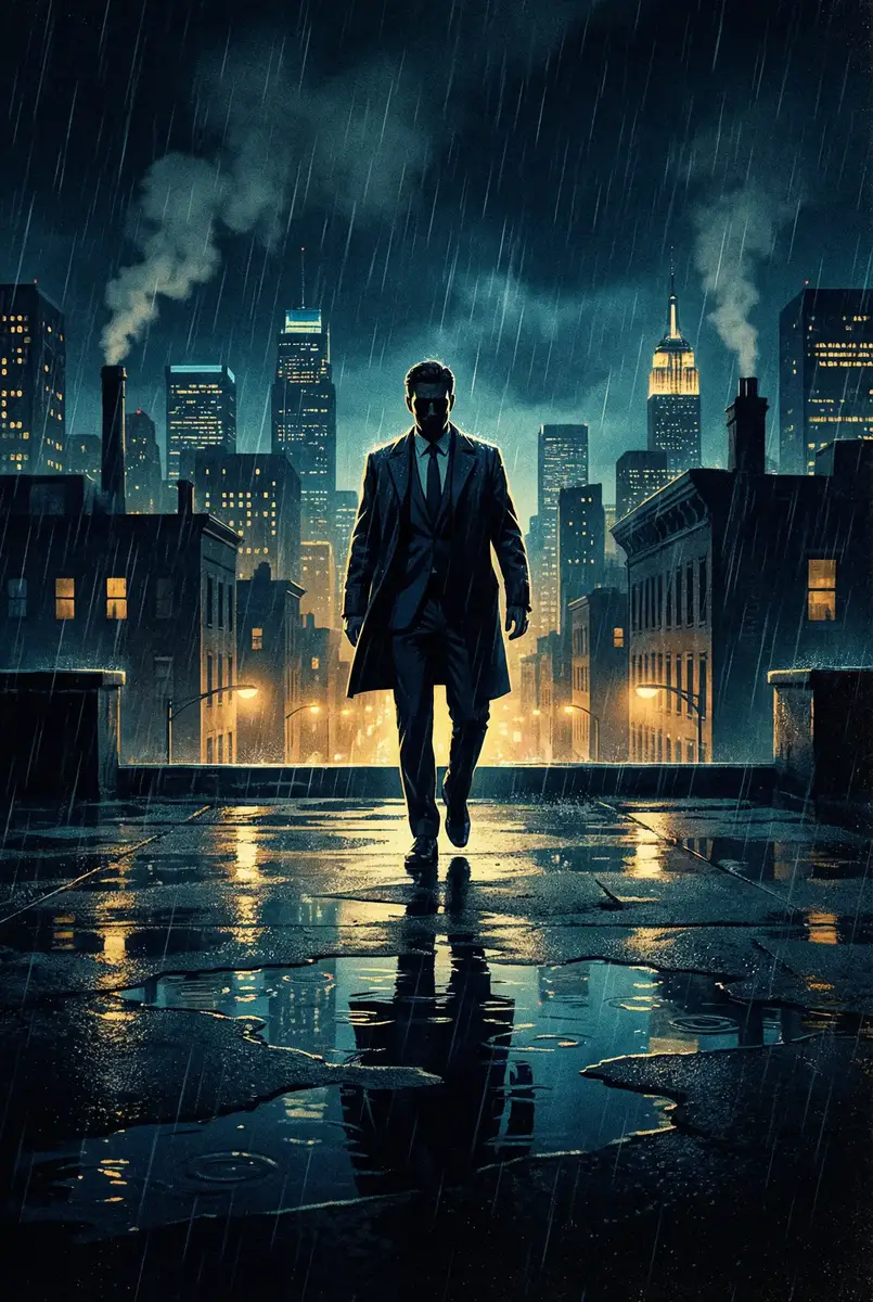 深情叉喔 出品影片《雨夜独行者》海报，雨中城市屋顶男性剪影